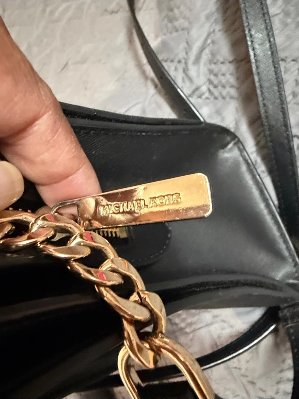 Michael Kors Black Saffiano Satchel with Gold Chain Accent